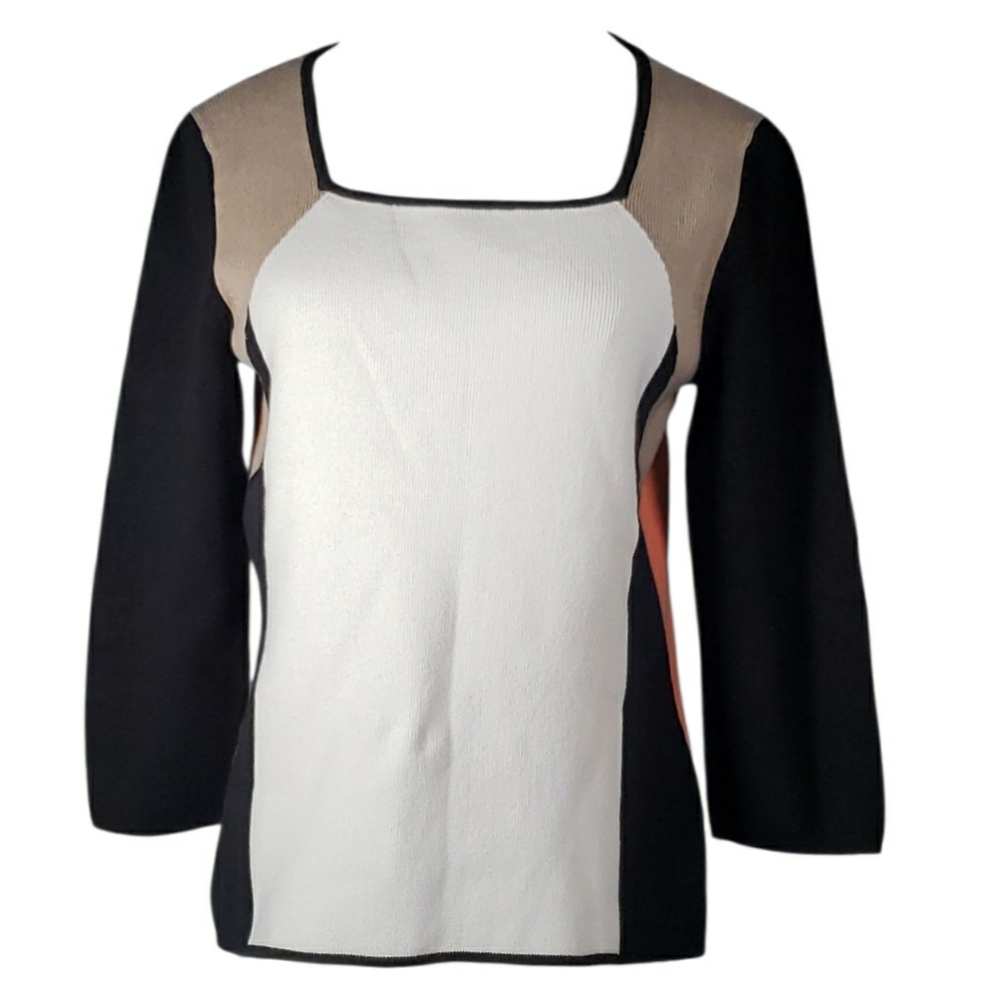 Vtg Sweater M 80's Y2K Vtg Colorblock Cotton Knit Square Neck Artsy Retro Top